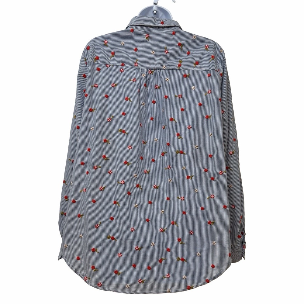 Anthropologie Maeve Embroidered Floral Stripe Button Up Shirt Size 14 Blue White - Picture 2 of 9
